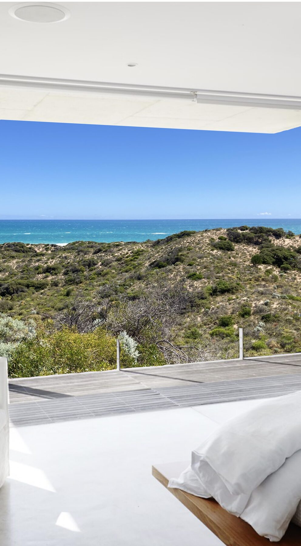 Timber deck and coastal outlook, representative of the planned wellness accommodation
